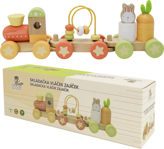 Babu train en bois empilable avec petit lapin – deux wagons