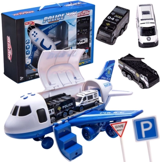 Avion de transport de police WOOPIE avec voitures et panneaux de signalisation