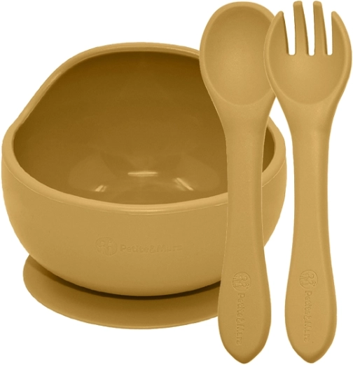 Set repas en silicone Petite&Mars Take&match – bol avec ventouse et couverts Intense Ochre 6m+