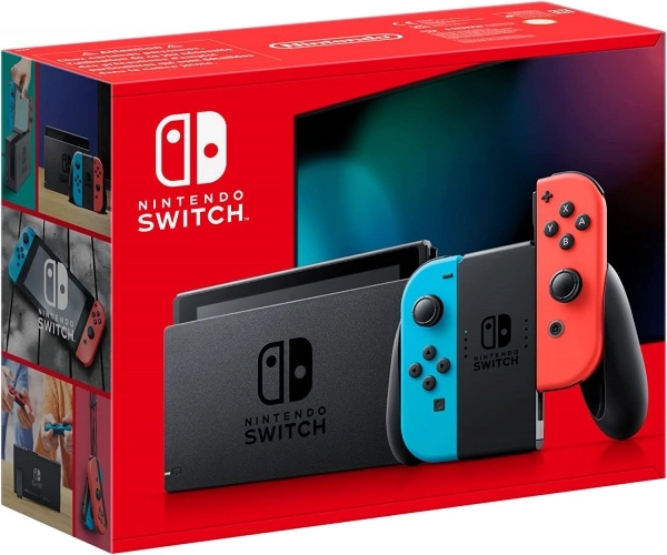 Console Nintendo Switch avec manettes Joy‑Con bleu néon/rouge néon