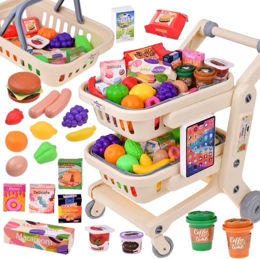 Chariot de courses pour enfants 2 en 1 avec aliments et tablette interactive