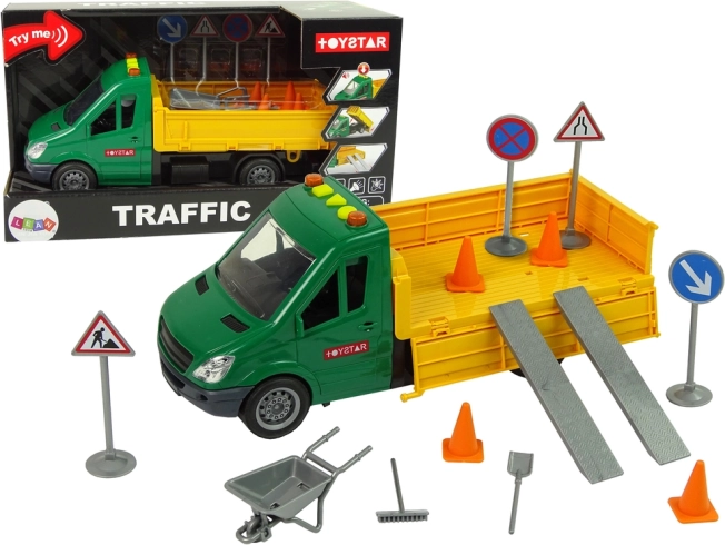 Camion-benne routier à friction avec accessoires de signalisation