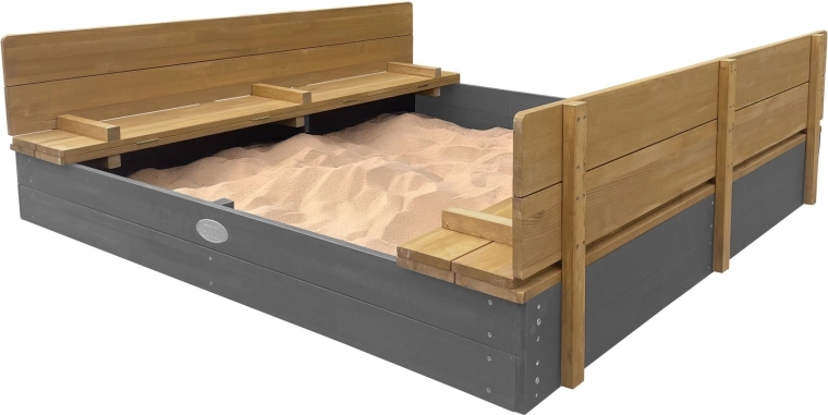 Bac à sable AXI XXL Ella 150 × 150 avec couvercle rabattable et bancs gris