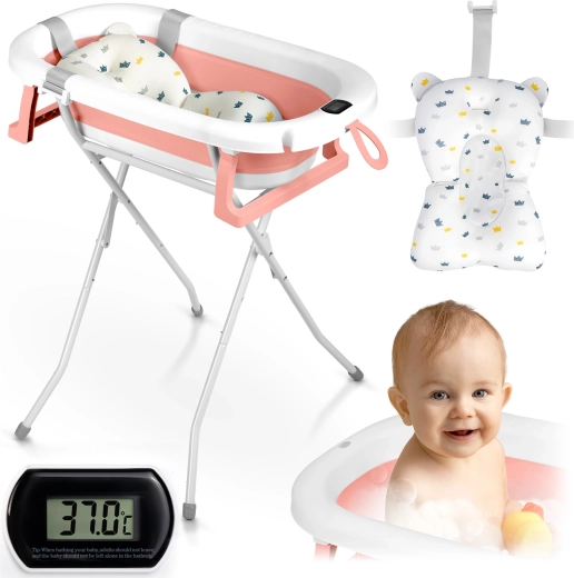 Baignoire pliable pour enfant avec support, thermomètre et insert RICOKIDS blanc‑rose