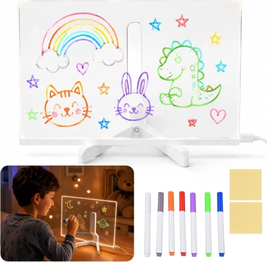 Tableau acrylique LED rétroéclairé pour dessiner et écrire avec 7 feutres et support
