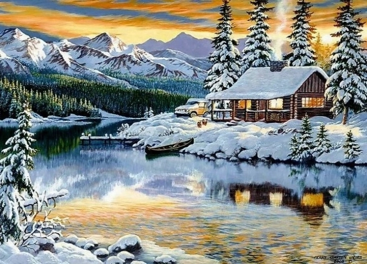 Norimpex Peinture par numéros Cabane enneigée au bord du lac 40 × 50 cm