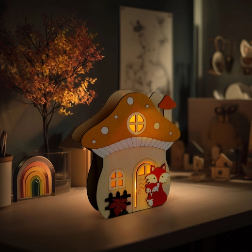 Décoration lumineuse en bois en forme de champignon avec renard