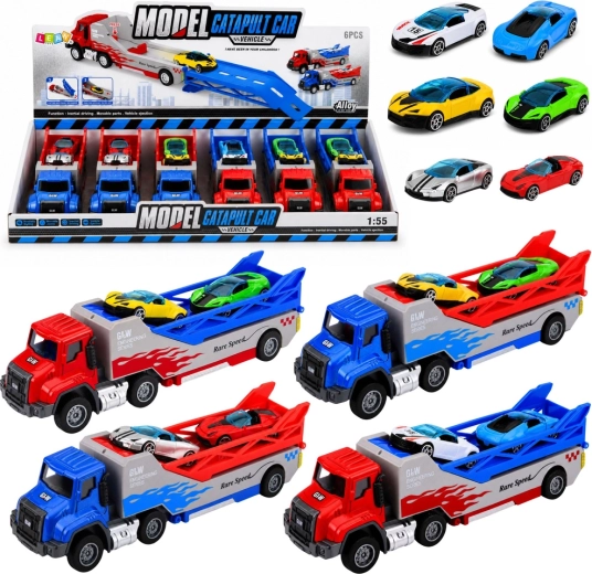 Camion avec rampe – transporteur de voitures avec lanceur et 2 petites voitures 1:55