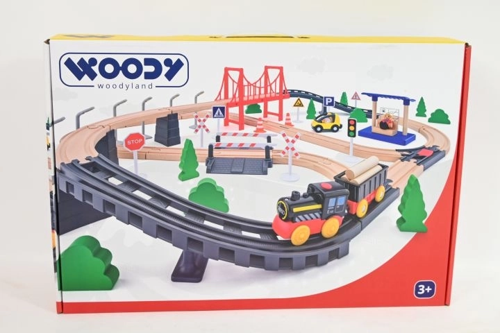 Circuit de train en bois Woodyland avec locomotive électrique et pont