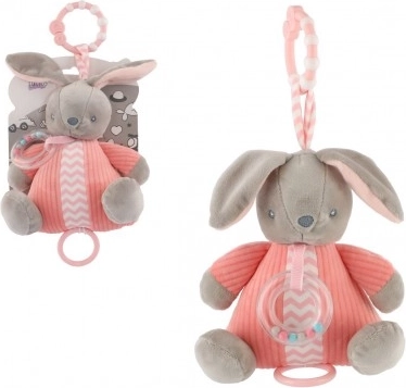 Lapin en peluche avec boîte à musique à remontoir et hochet, rose (18 × 20 cm)
