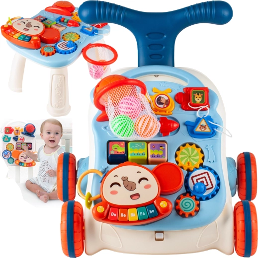 Trotteur pousseur 5-en-1 avec table d’activités et piano – bleu