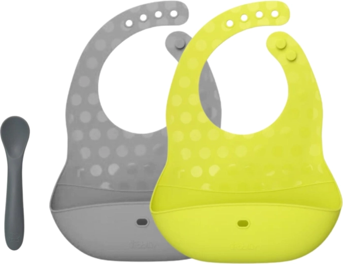 Bblüv Pöket set de bavoirs et cuillère en silicone lime/grey