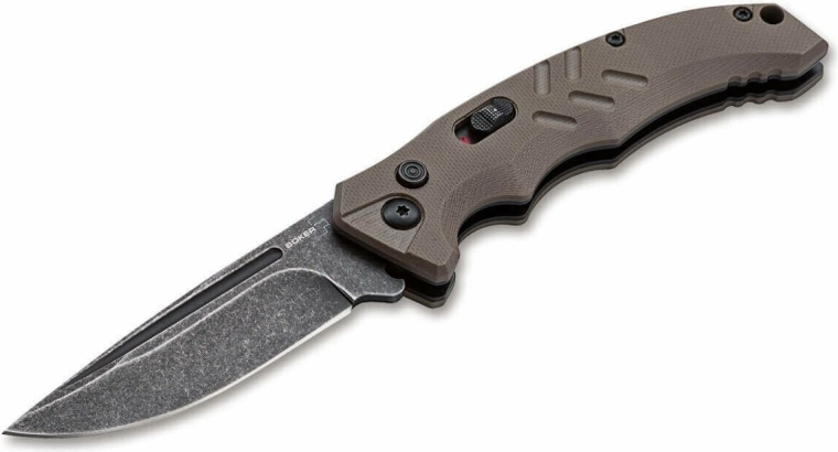 Couteau tactique automatique Böker Plus Intention II Coyote, D2, stonewash, G10