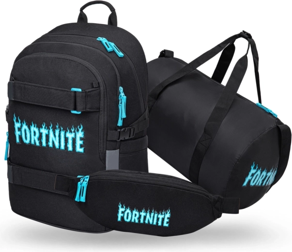 Ensemble Baagl Fortnite bleu – sac à dos scolaire Skate, sac de sport pliable Hoop et sac banane Snap