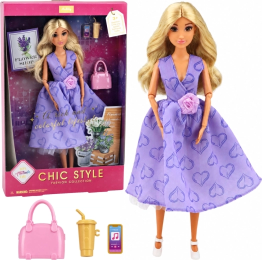 Poupée mannequin Anlily en robe violette à cœurs avec sac à main et accessoires