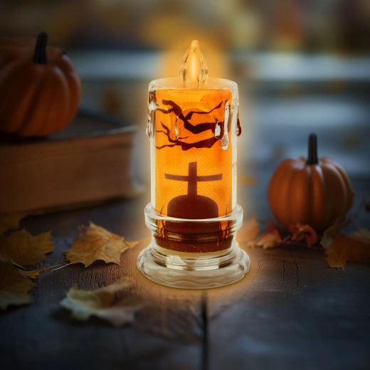 Bougie LED d’Halloween avec motif de pierre tombale - 1 pièce