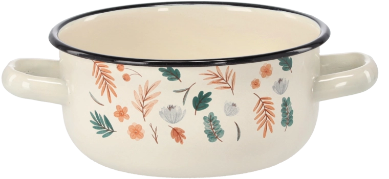 Casserole émaillée avec deux poignées 1,5 l, 16 cm, crème, motif feuilles