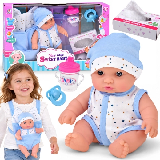 Poupée bébé 20 cm dans un porte-bébé avec tétine, biberon et accessoires