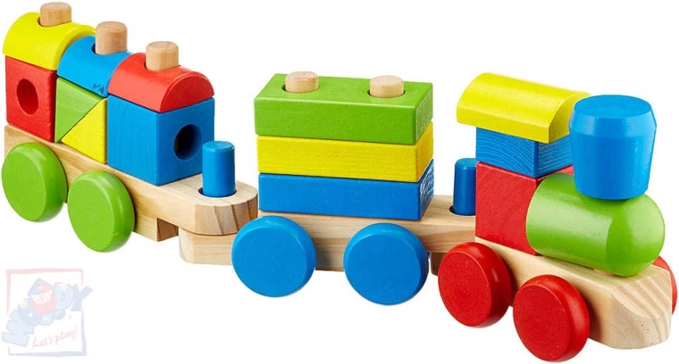WOODY Train en bois à enfiler avec formes - 18 pièces