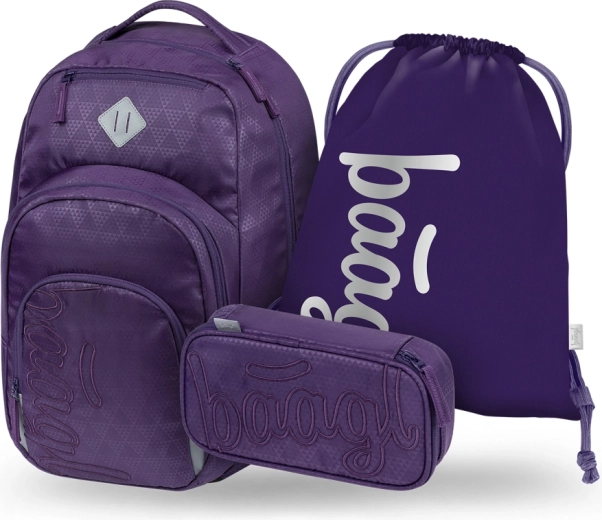 Ensemble Baagl Coolmate Prune – sac à dos scolaire, trousse et sac