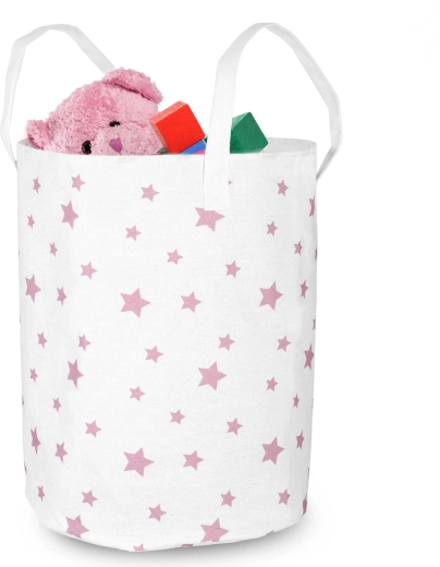 Panier textile pour jouets Nukido blanc avec petites étoiles roses