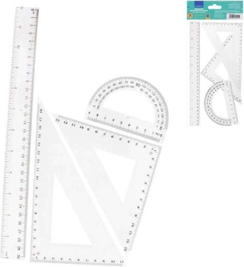 Kit de géométrie 4 pièces (règle 30 cm, 2× équerre, rapporteur)