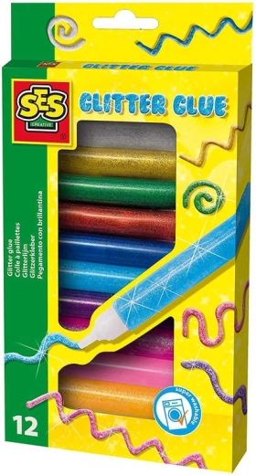 SES Creative colle décorative pailletée en tube, set de 12 couleurs
