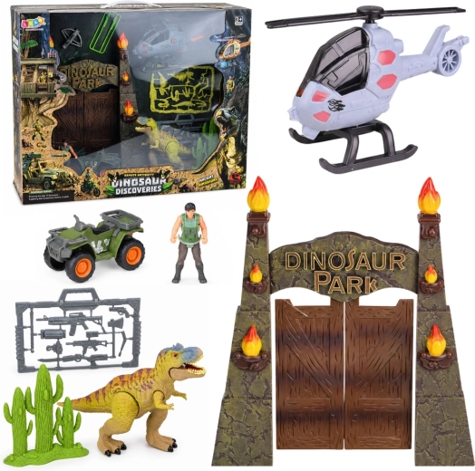 Base Dino Park avec portail, hélicoptère, quad et figurines