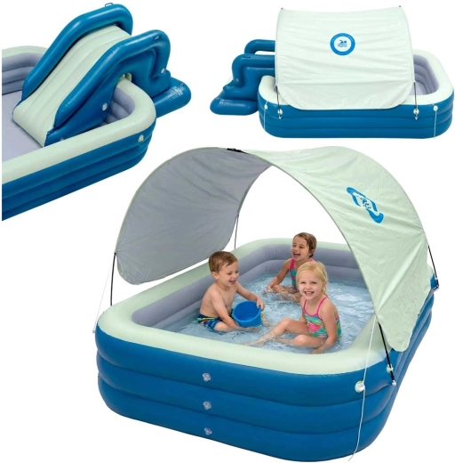 Piscine de jardin gonflable pour enfants avec toboggan et auvent pare-soleil