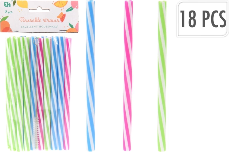 Pailles en plastique réutilisables 10 × 180 mm, assortiment de couleurs + brosse de nettoyage (18 pièces)