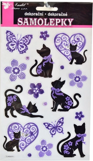 Autocollants chats noir‑violet avec strass décoratifs (planche 14 × 21 cm)