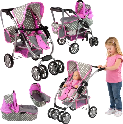 Poussette pour poupées 2 en 1 avec nacelle et sac à motifs d’étoiles – Rose et grise avec étoiles (4325)