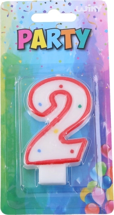 Bougie de fête chiffre 2 pour gâteau – blanche avec bord rouge et pois