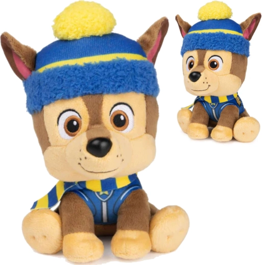Chien en peluche CHASE de PAW PATROL avec bonnet d’hiver et écharpe 18 cm