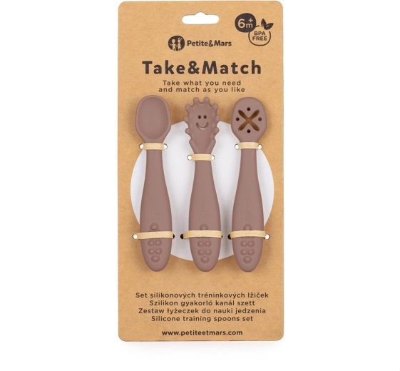 Cuillères d’entraînement en silicone PETITE&MARS Take&Match Velvet Latte, set de 3 pièces, 6m+