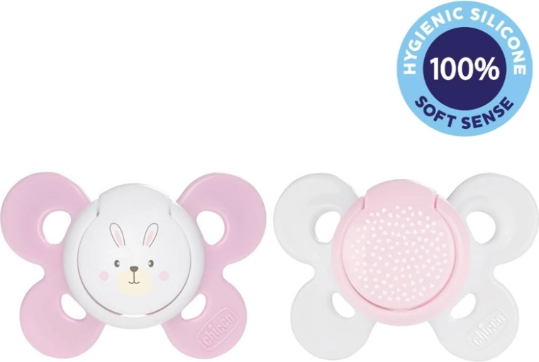 Chicco sucette Physio Comfort en silicone 2–6 mois, motif fille lapin/pois, 2 pcs