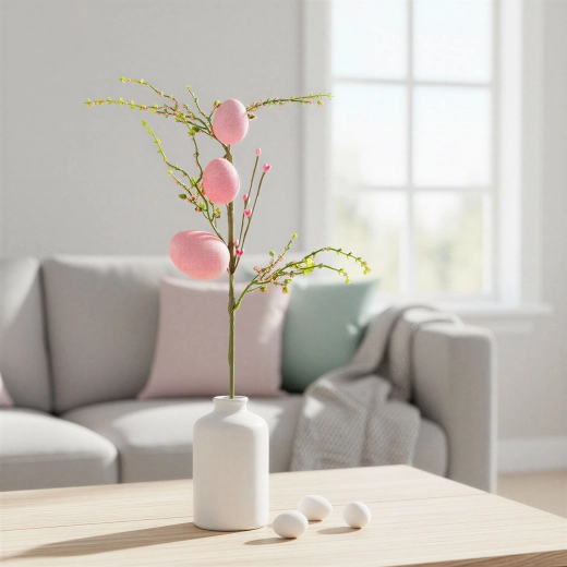 Branche scintillante de Pâques avec œufs roses 40 × 16 cm