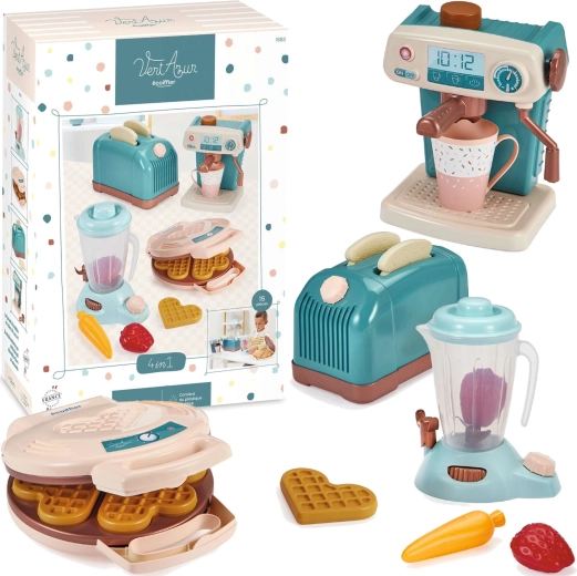 Set cuisine pour enfants avec grille-pain, cafetière, gaufrier et mixeur ECOIFFIER Vert Azur – 15 pièces