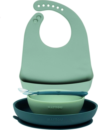Set repas Nattou en silicone avec bavoir, 4 pièces, vert (sans BPA)