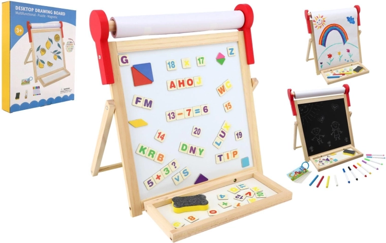 Tableau magnétique pour enfants double face en bois 33 × 33 cm avec rouleau de papier et accessoires