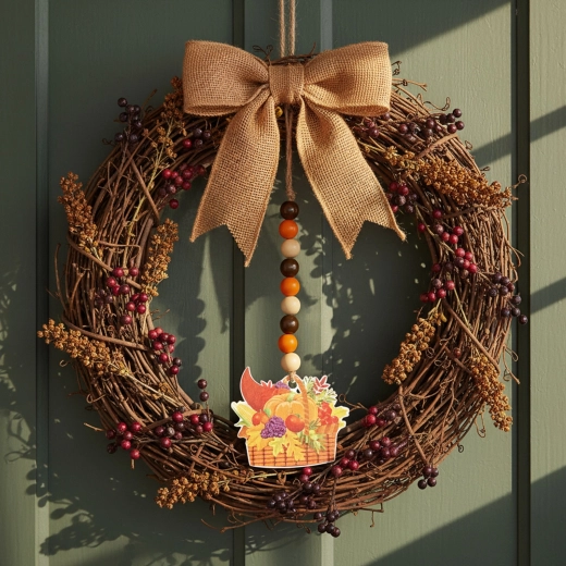Décoration automnale suspendue en bois, panier d’abondance, 29 × 9 cm