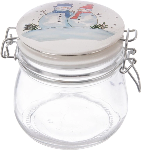 Bocal en verre avec clip et couvercle en céramique motif bonhomme de neige 0,5 l