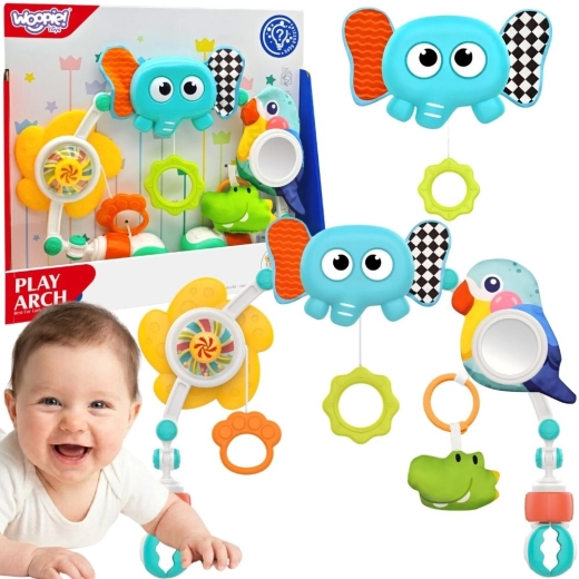 Woopie baby arche sensoriel avec jouets pour lit et poussette – éléphant et perroquet