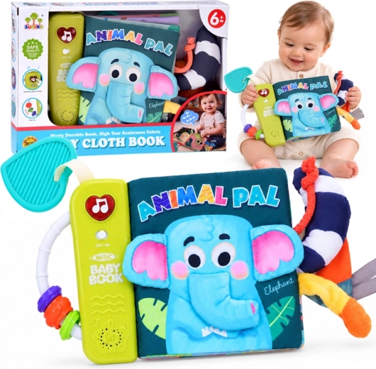 Livre en tissu interactif sensori-moteur pour bébés éléphant avec sons, mélodies et anneau de dentition - 1 pièce