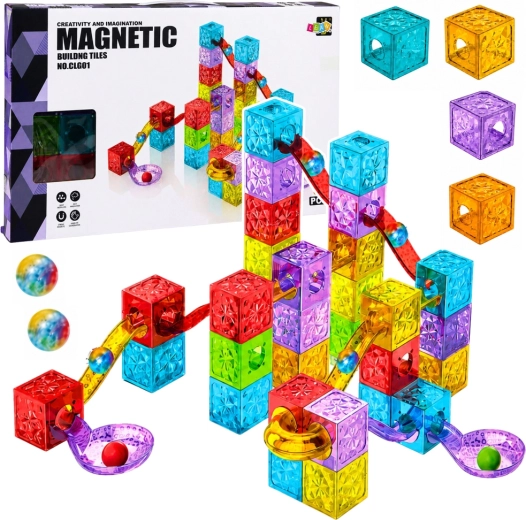 Blocs de construction magnétiques avec circuit à billes, colorés – 60 pièces