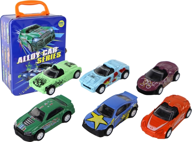 Set de petites voitures en métal à friction dans une valisette en tôle 1:64, 6 pcs