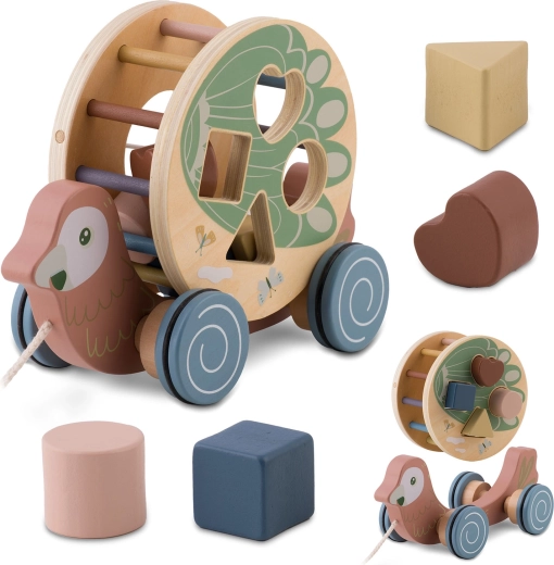 Perroquet à tirer en bois avec trieur NUKIDO