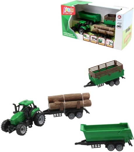 Tracteur vert avec 3 remorques et bûches de bois – set de jeu