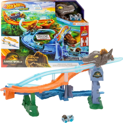 Hot Wheels RacerVerse Jurassic World Course de dinosaures marins avec circuit et voiture