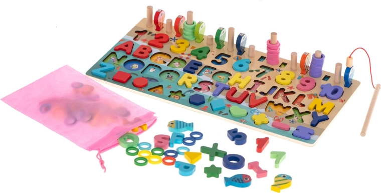 Jeu éducatif en bois 3-en-1 : trieur, boulier et pêche magnétique